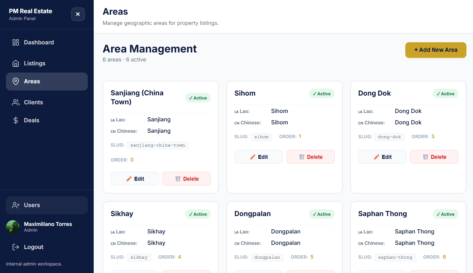 Admin area management page