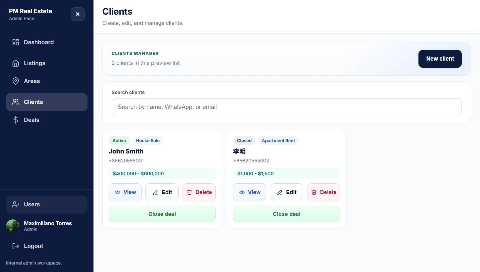 Admin clients management page