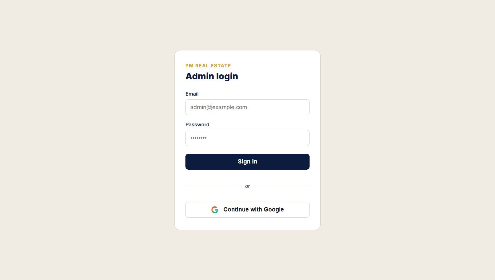 Admin Google OAuth login screen