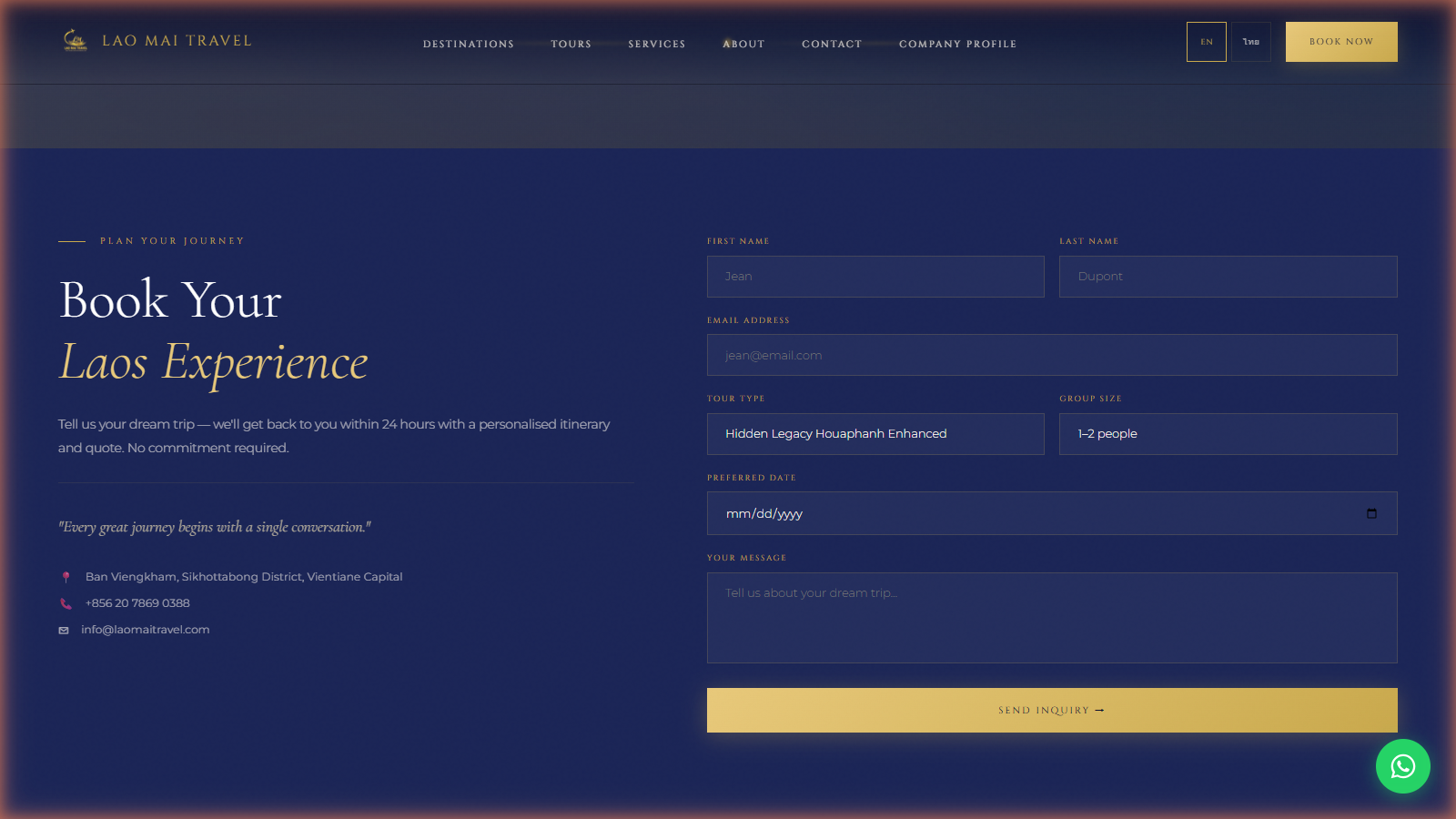 Lao Mai Travel booking inquiry form