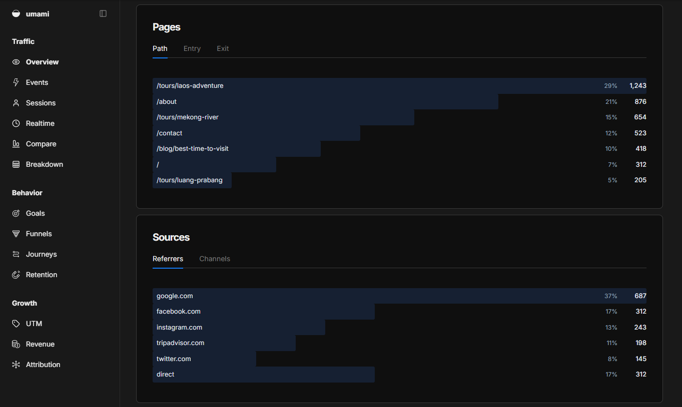 Umami pages and traffic sources breakdown